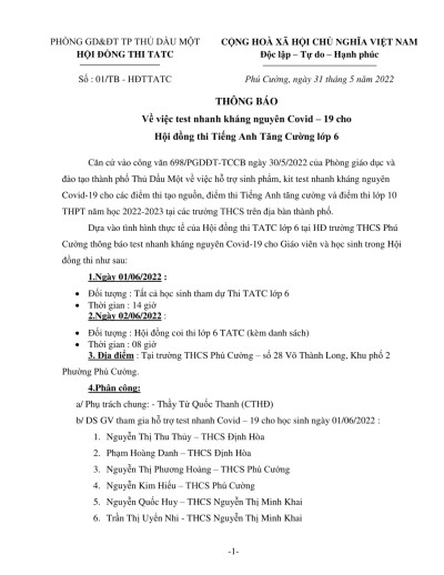 Thông báo Test nhanh  Covit  Hội đồng thi Tiếng Anh tăng cường lớp 6