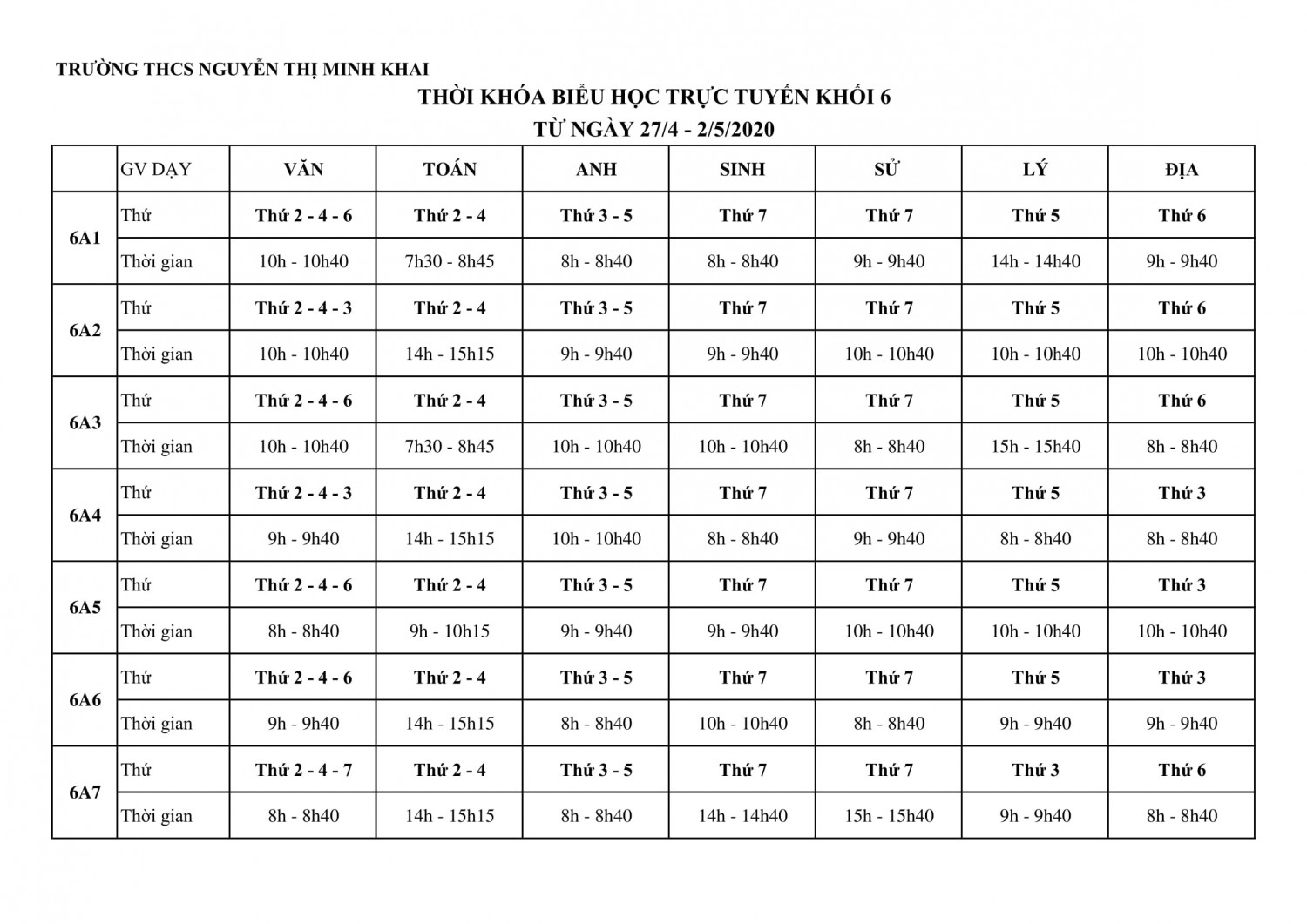 Thời khóa biểu trực tuyến qua zoom  áp dụng từ ngày 27/4/2020