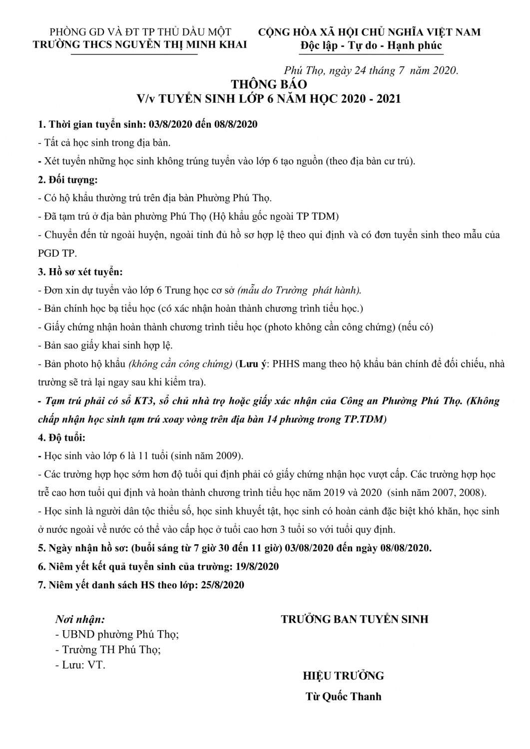TB vv tuyen sinh lop 6 năm 2019 2020 1 1