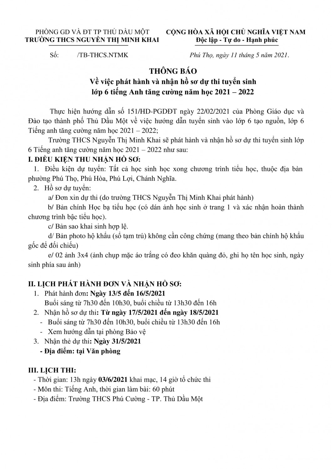 ntmk tb tuyen sinh l 6 TATC 21 22 1