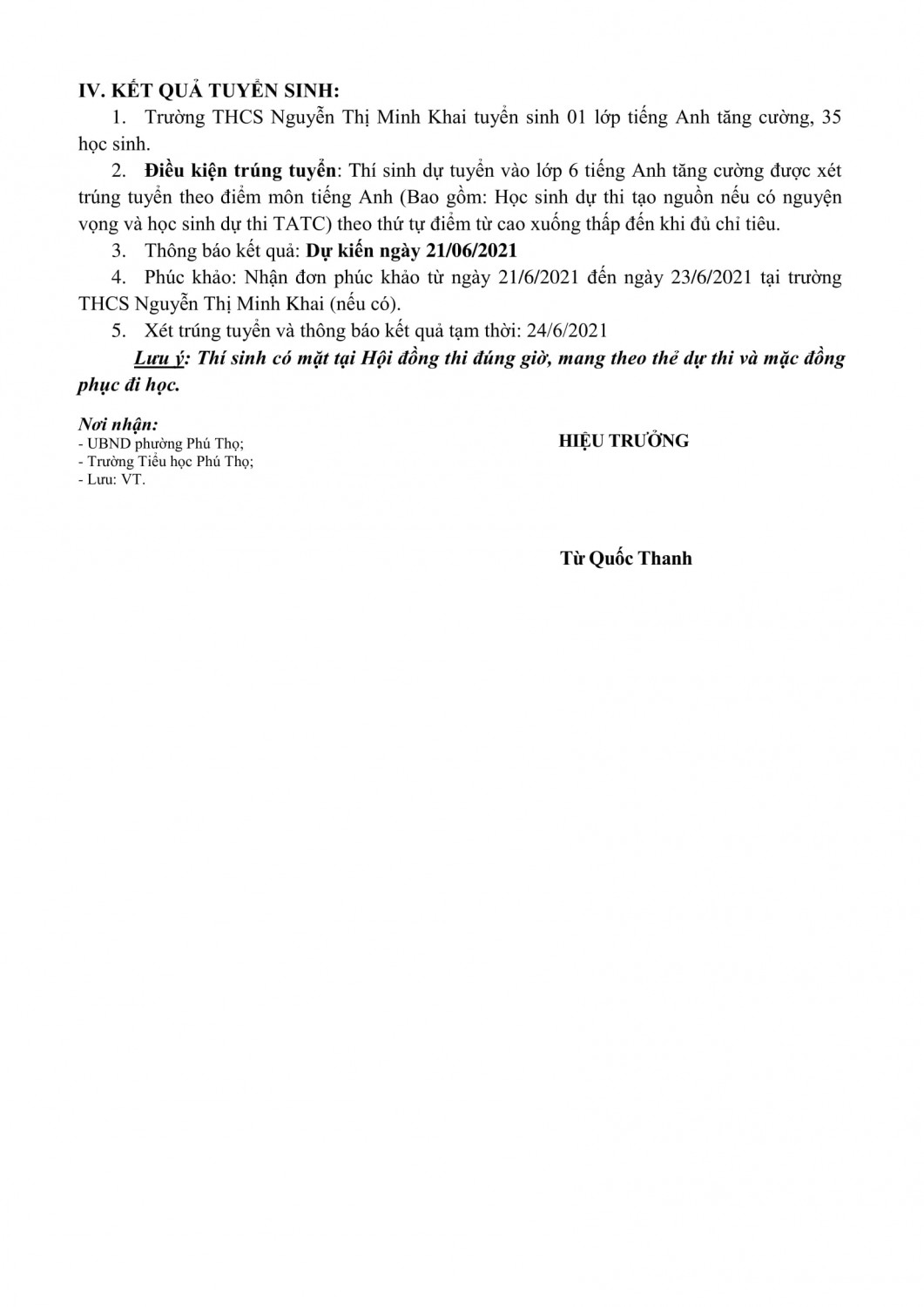 ntmk tb tuyen sinh l 6 TATC 21 22 2