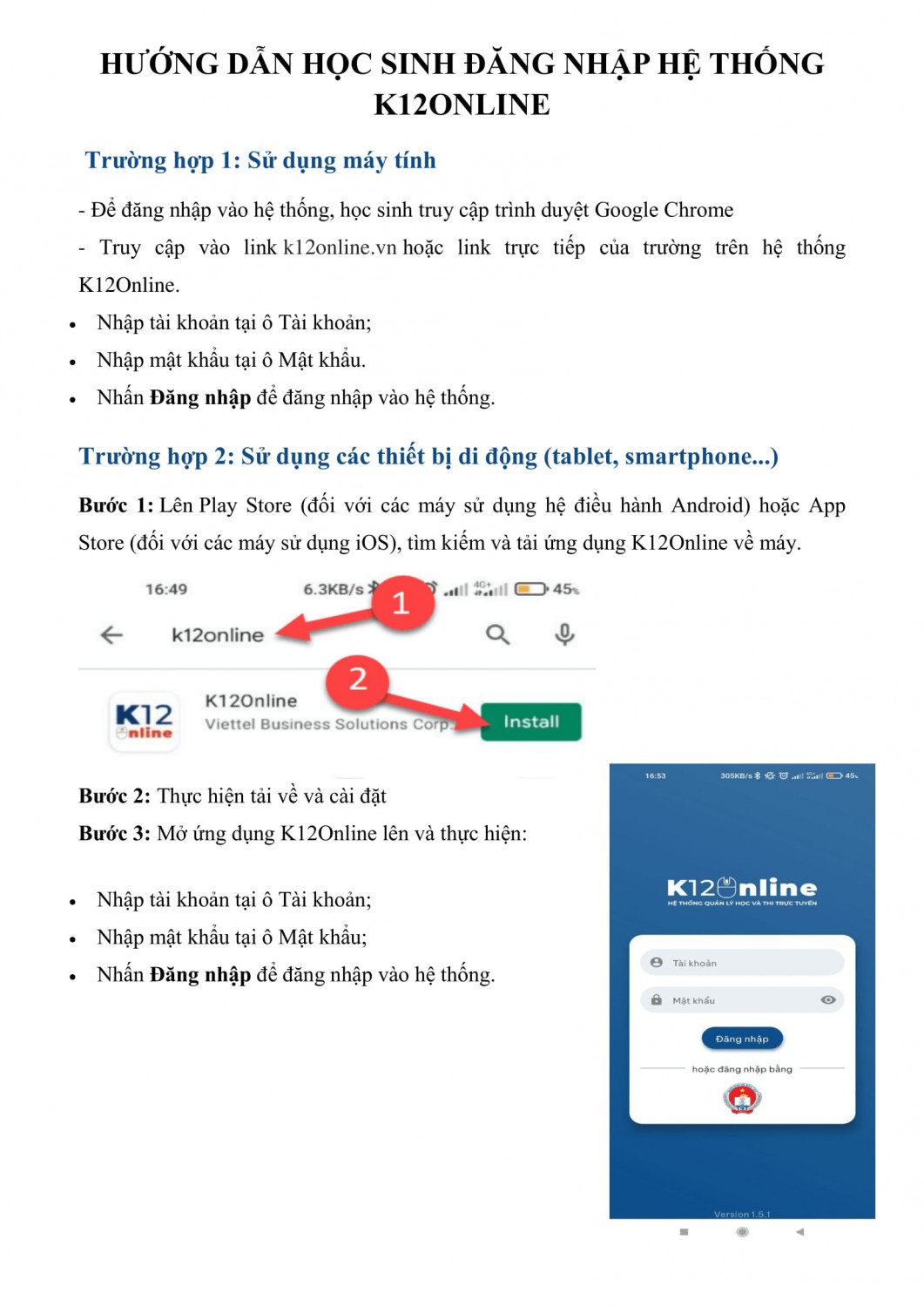 HƯỚNG DẪN HỌC SINH SỬ DỤNG HỆ THỐNG K12ONLINE 1