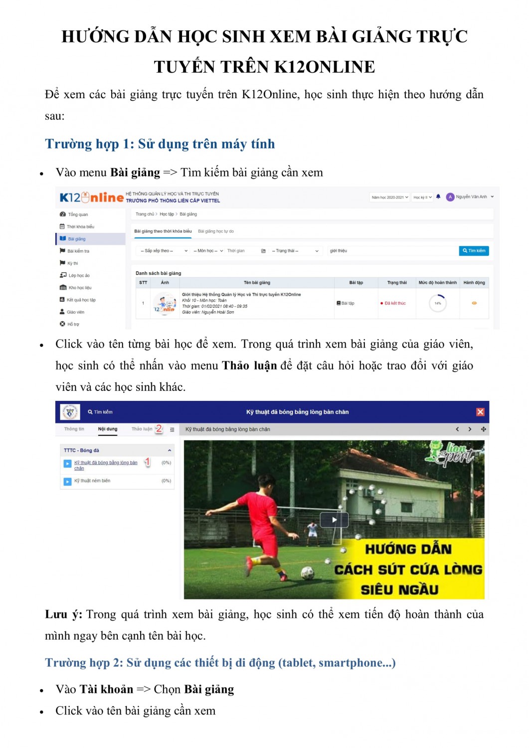 HƯỚNG DẪN HỌC SINH SỬ DỤNG HỆ THỐNG K12ONLINE 3