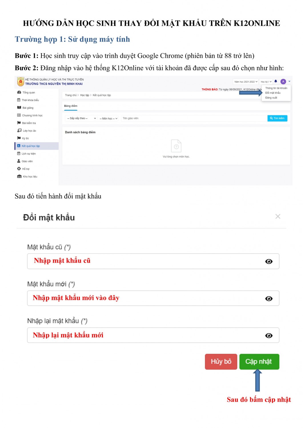 HƯỚNG DẪN HỌC SINH THAY ĐỔI MẬT KHẨU TRÊN K12ONLINE 1