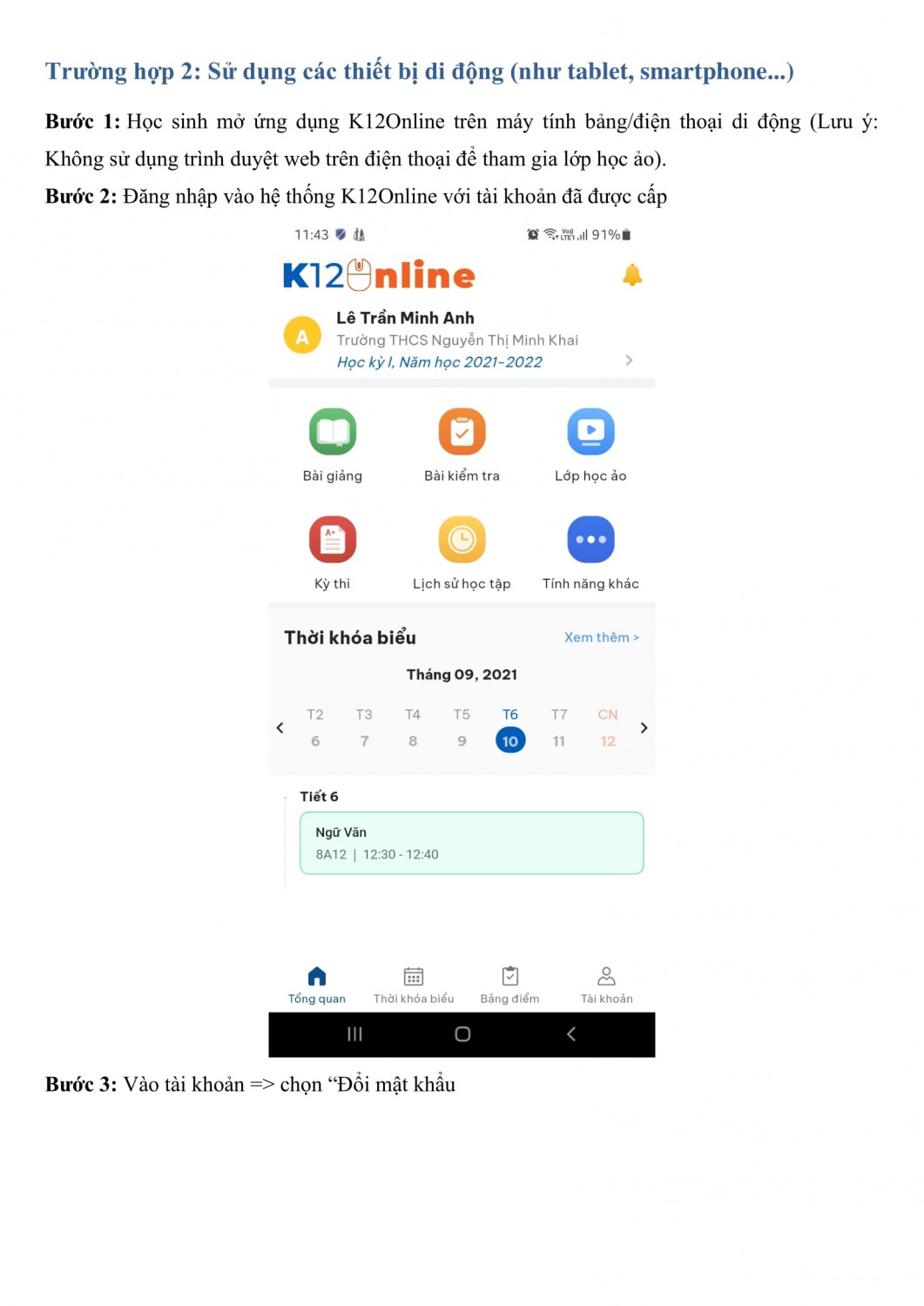 HƯỚNG DẪN HỌC SINH THAY ĐỔI MẬT KHẨU TRÊN K12ONLINE 2
