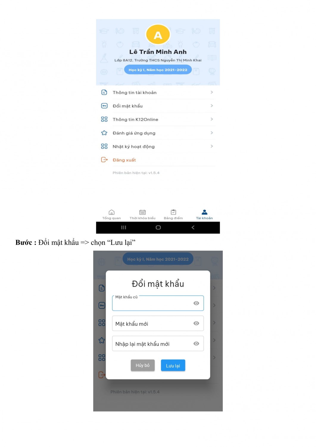 HƯỚNG DẪN HỌC SINH THAY ĐỔI MẬT KHẨU TRÊN K12ONLINE 3