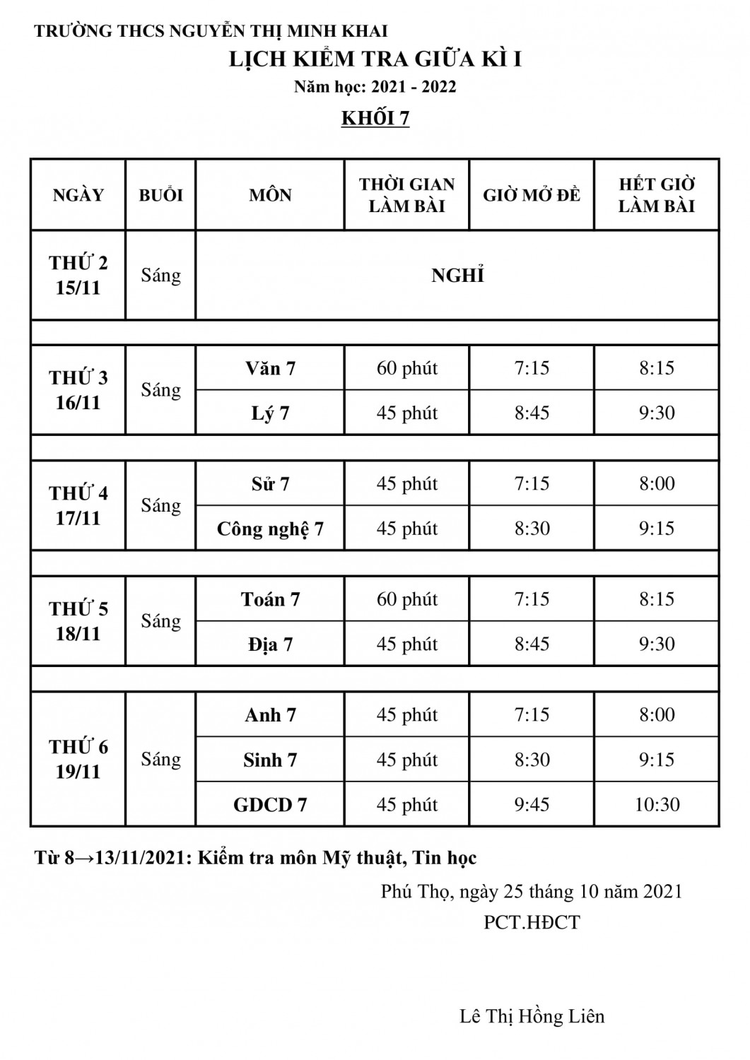 Lịch kiểm tra 7 1