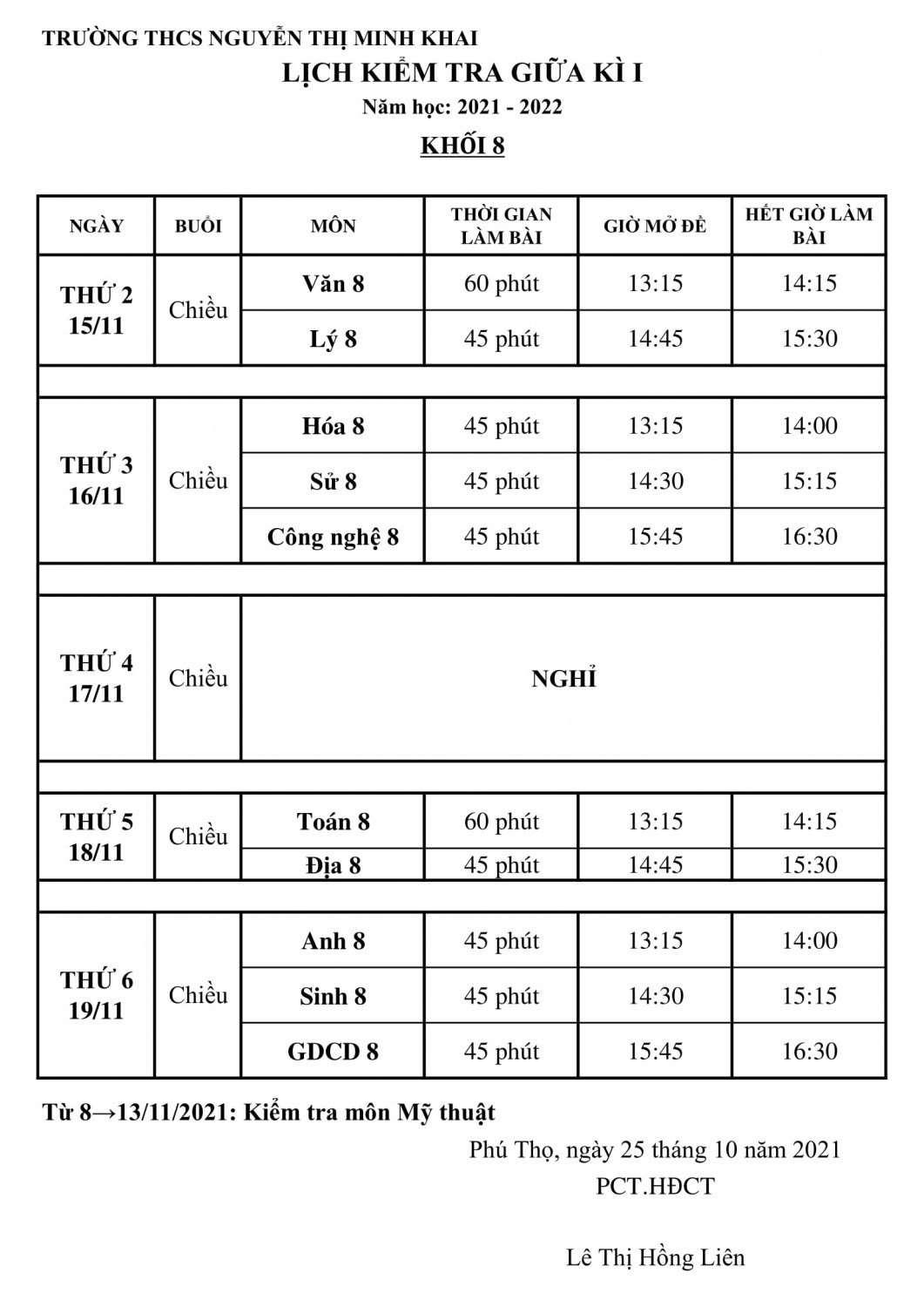Lịch kiểm tra 8 1