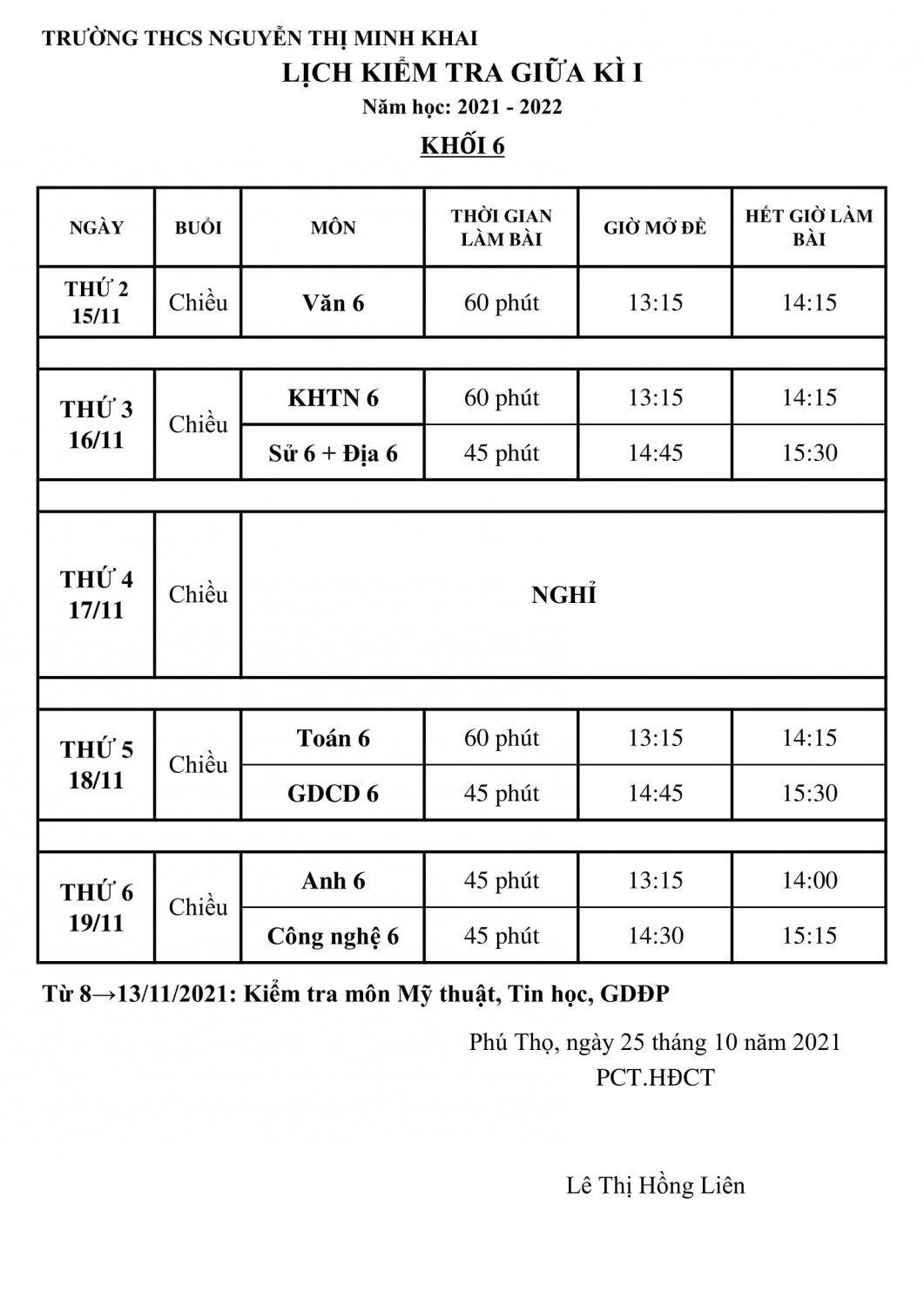 Lịch kiểm tra 6 1 1