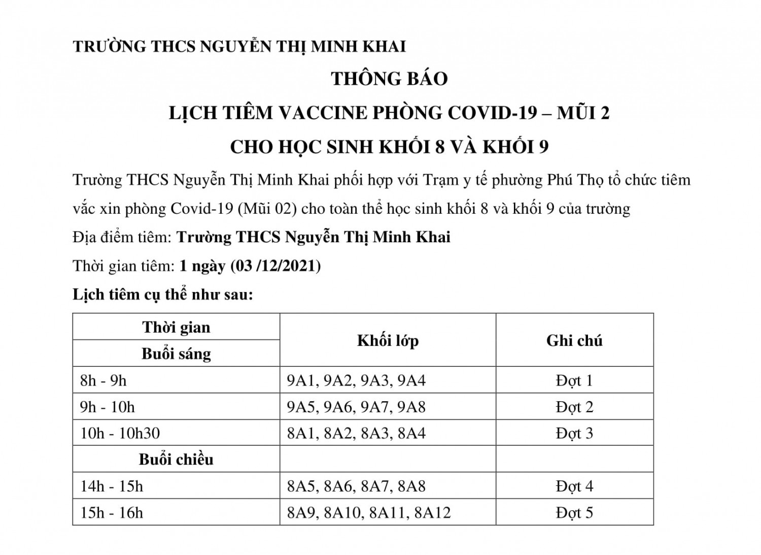 thông báo lịch tiêm K8,9 Mũi 2 1