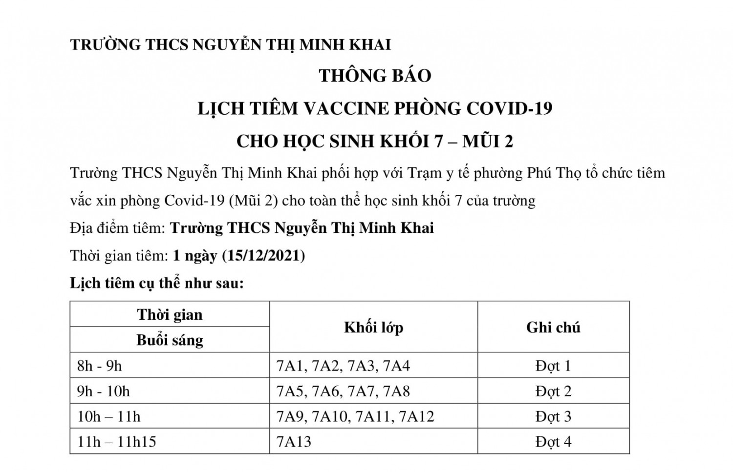 thông báo lịch tiêm khối 7 1