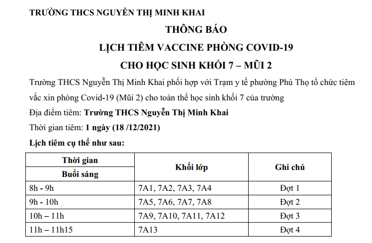 THÔNG BÁO TIÊM VACCINE PHÒNG COVID-19 – MŨI 2 CHO HS KHỐI 7
