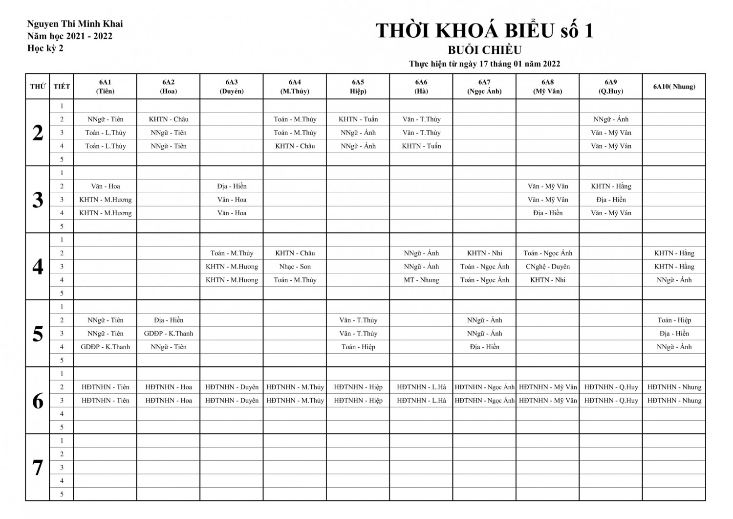 TKB SỐ ÁP DỤNG TỪ 17 1 2022 khối 6 chiều 1