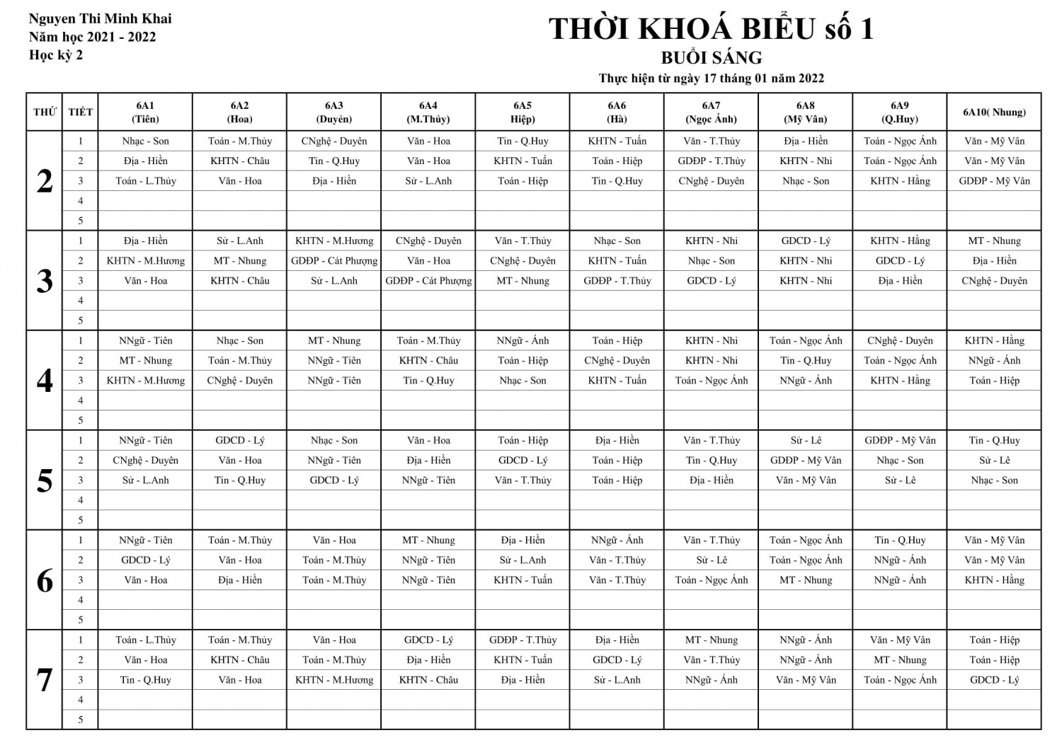 TKB SỐ ÁP DỤNG TỪ 17 1 2022 khối 6 sáng 1