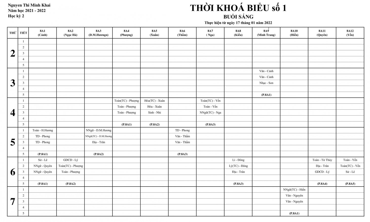 TKB SỐ ÁP DỤNG TỪ 17 1 2022 khối 8 sáng 1