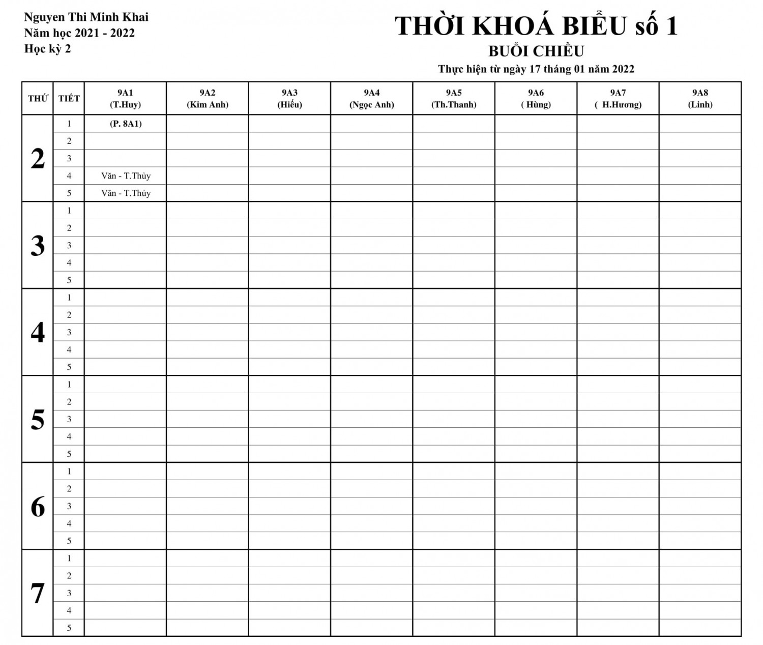 TKB SỐ ÁP DỤNG TỪ 17 1 2022 khối 9 chiều 1