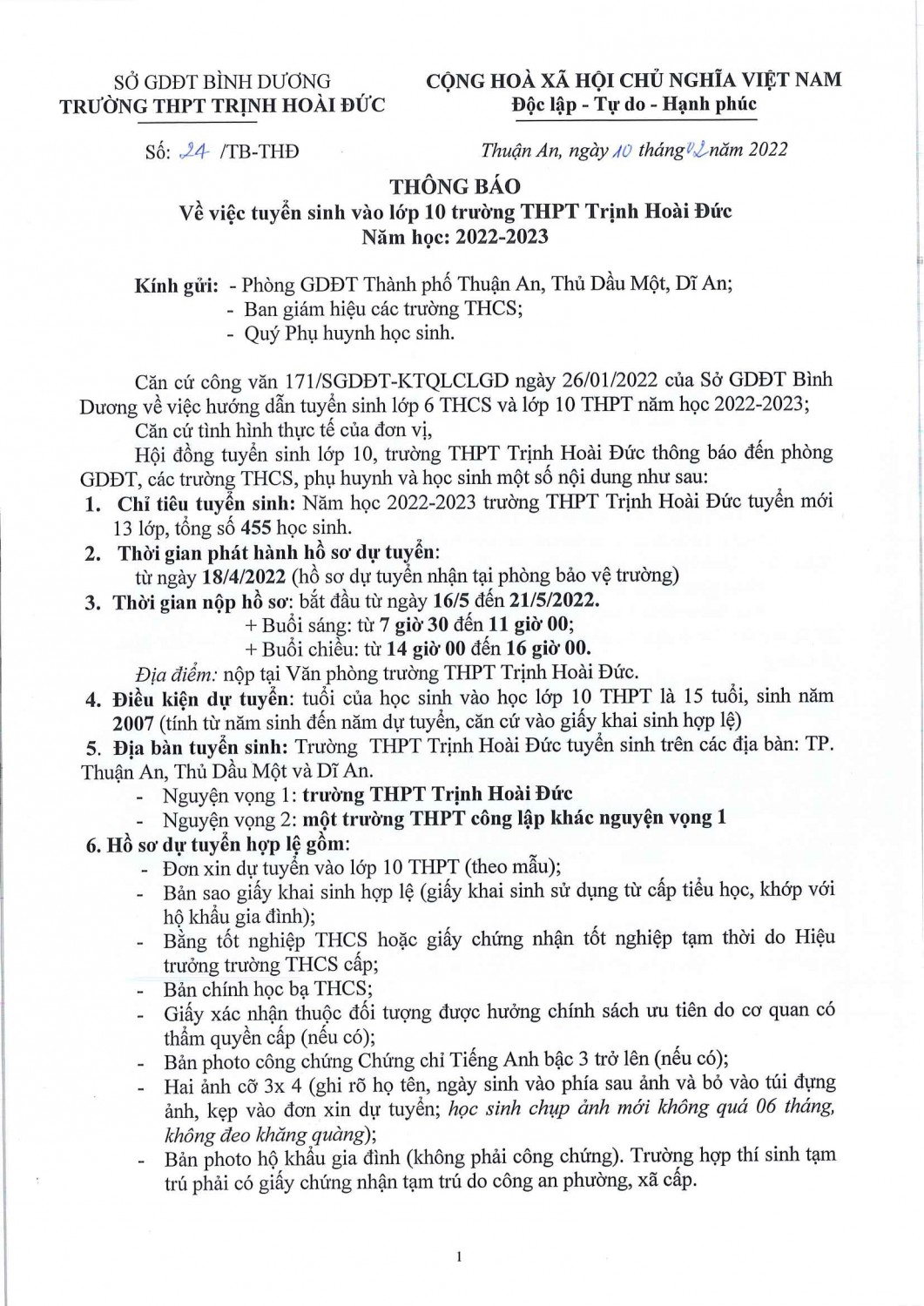THONG BAO TUYEN SINH LOP 10 NAM HOC 2022 2023 THĐ 1