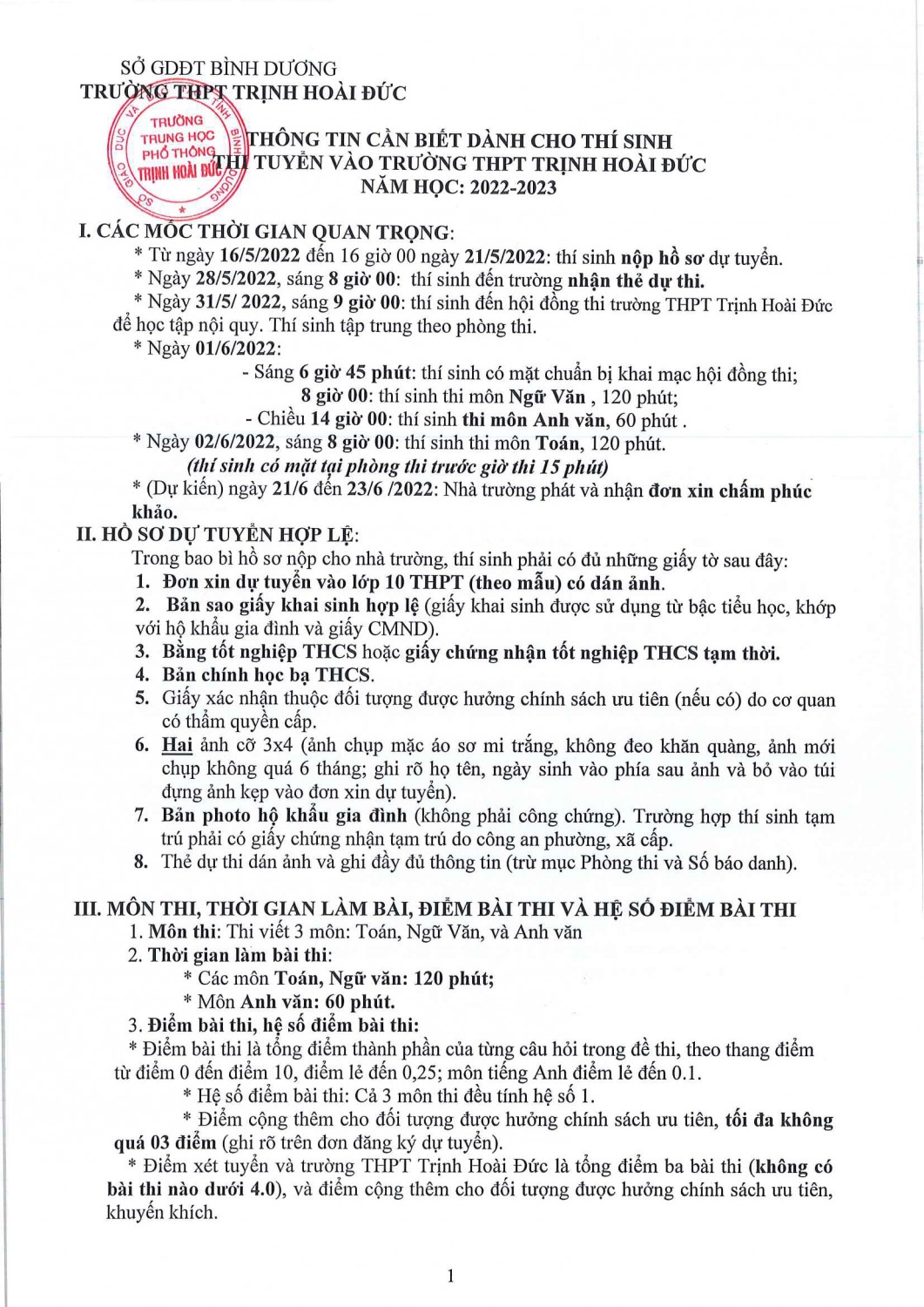THONG TIN CAN BIET VE TUYEN SINH 10 2022 2023 THĐ 1