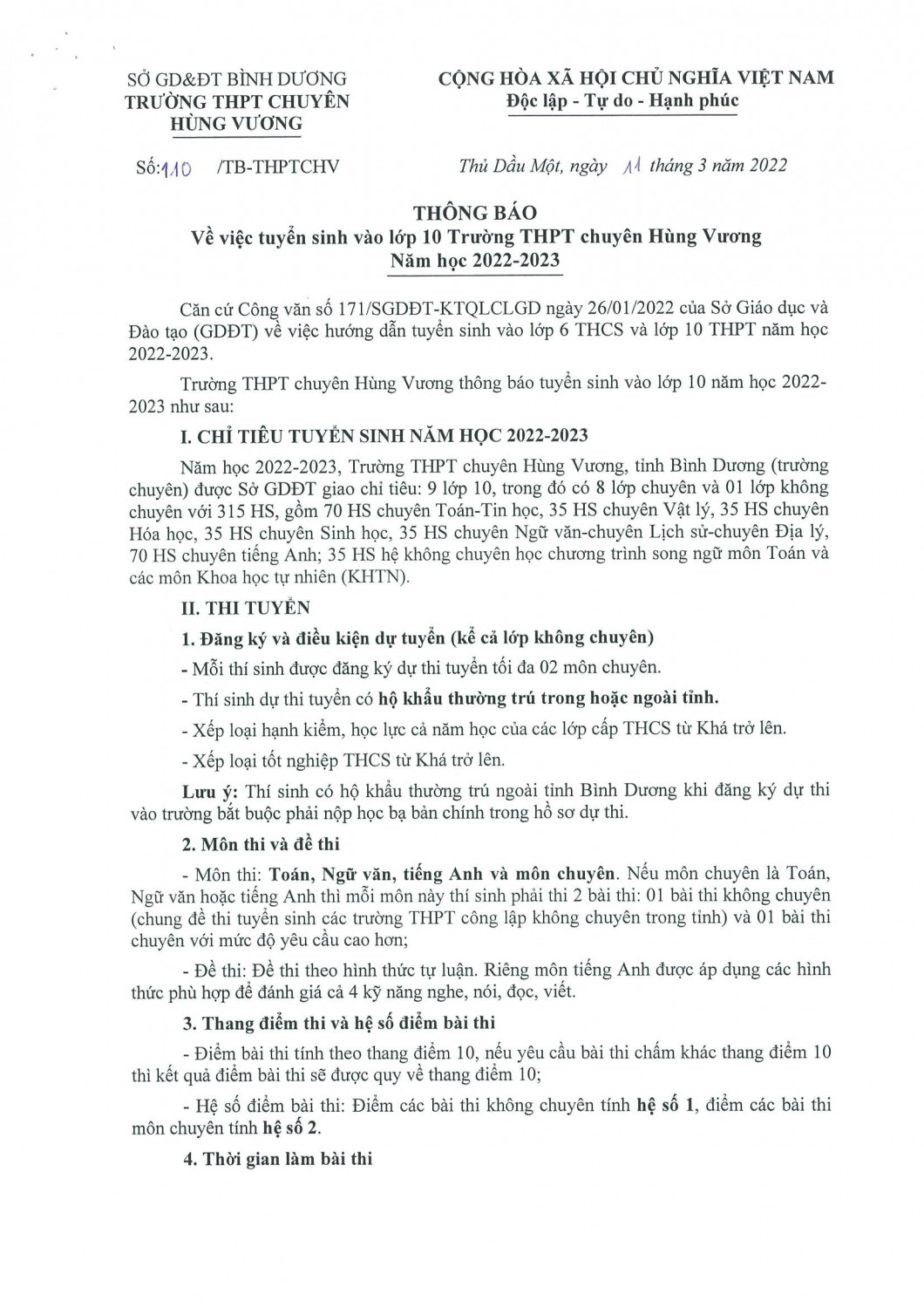 TB110TrCHV 11 3 2022 Vv tuyển sinh vào lớp 10 NH 2022 2023 1