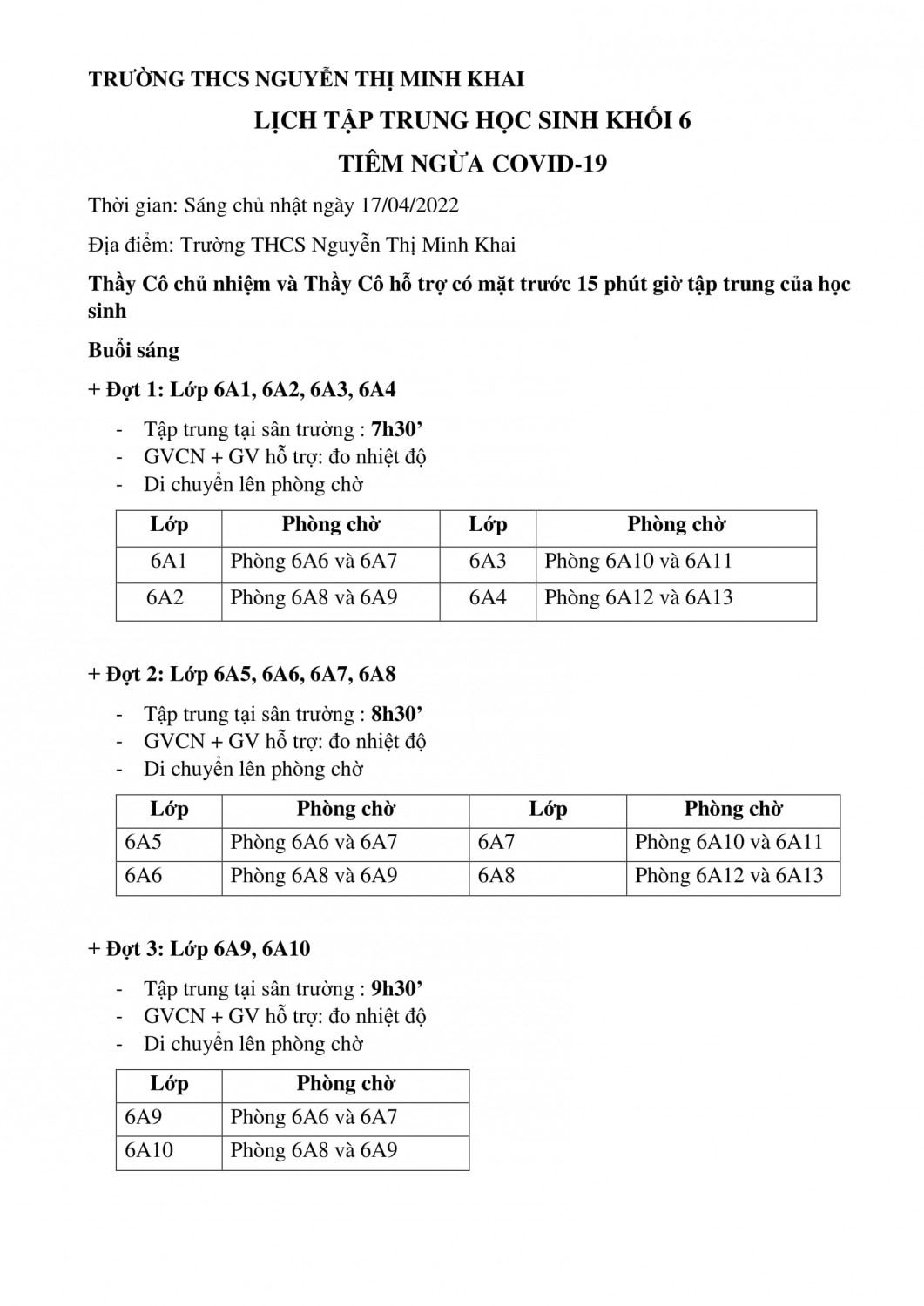lịch tập trung hs khối 6 tiêm ngừa Covid 19 1