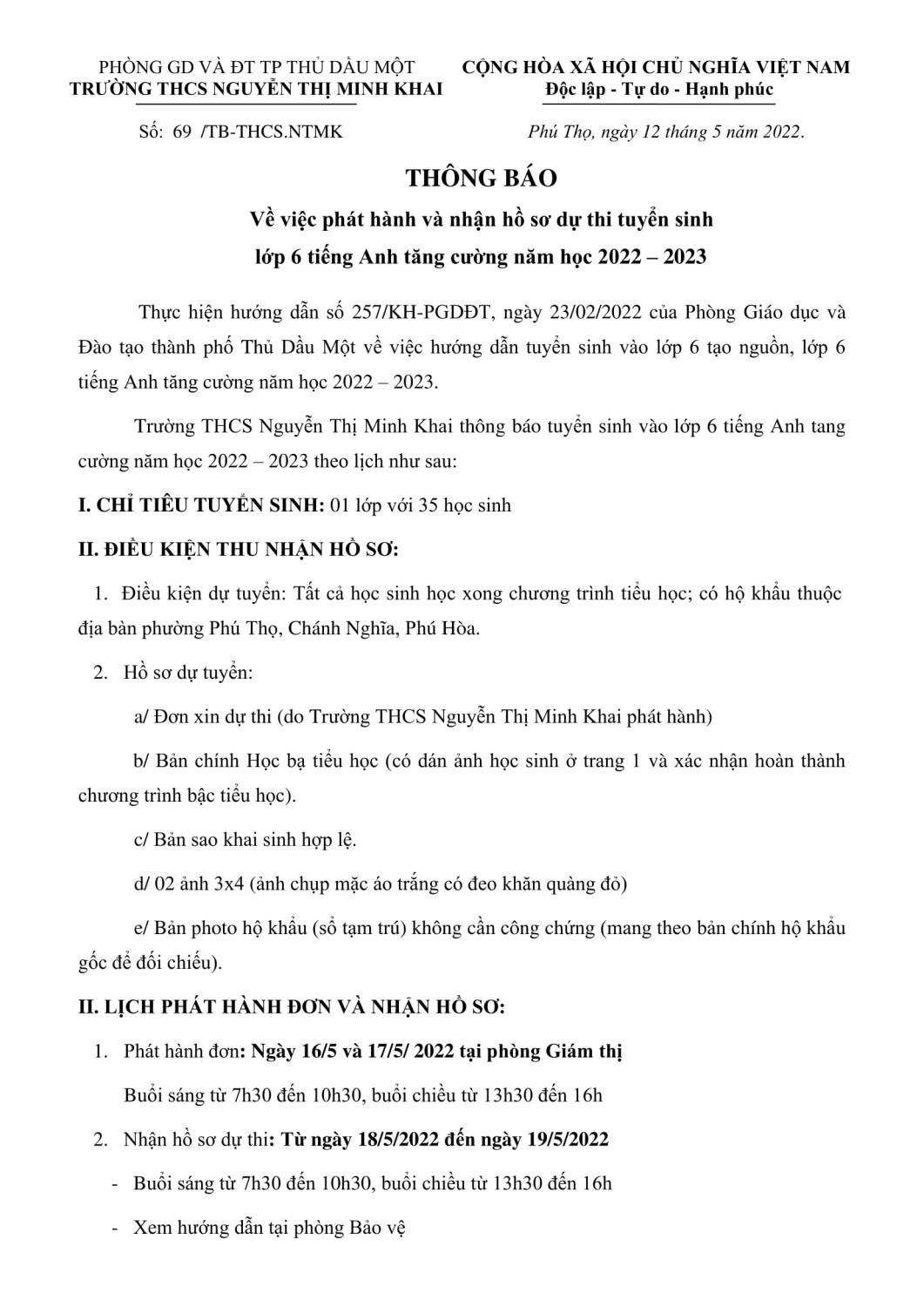 ntmk tb tuyen sinh l 6 TATC 22 23 1