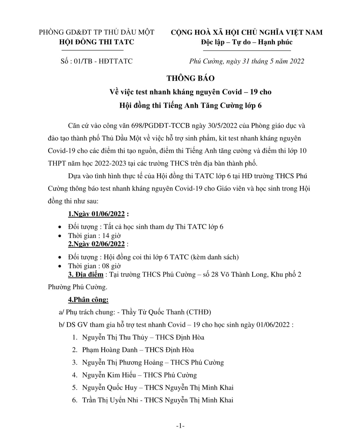 TB test nhanh covid HDT TATC lop 6 moi 1
