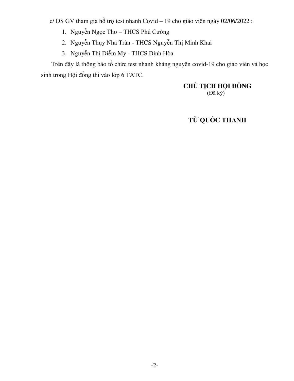 TB test nhanh covid HDT TATC lop 6 moi 2