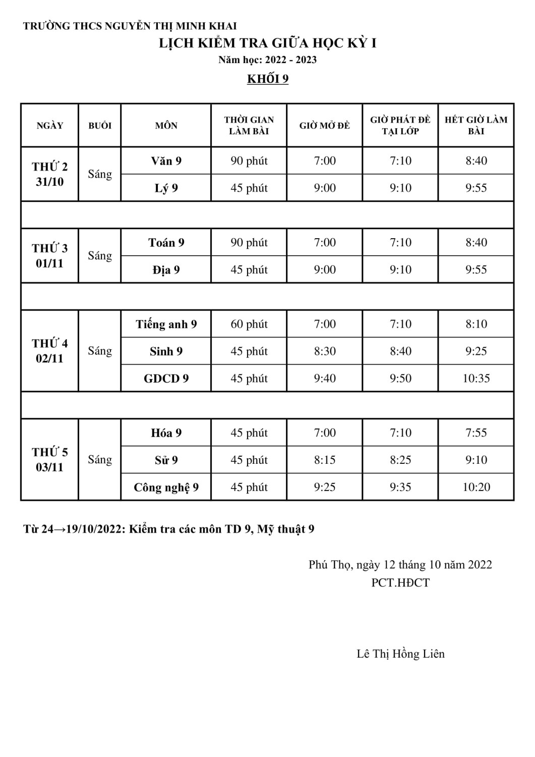 LỊCH KT KHỐI 9 1