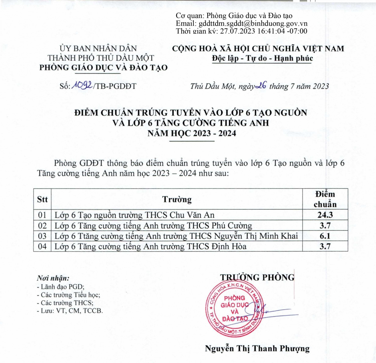 Van ban di 1092 TB diem chuan lop 6 TN 27 07 2023 signed min