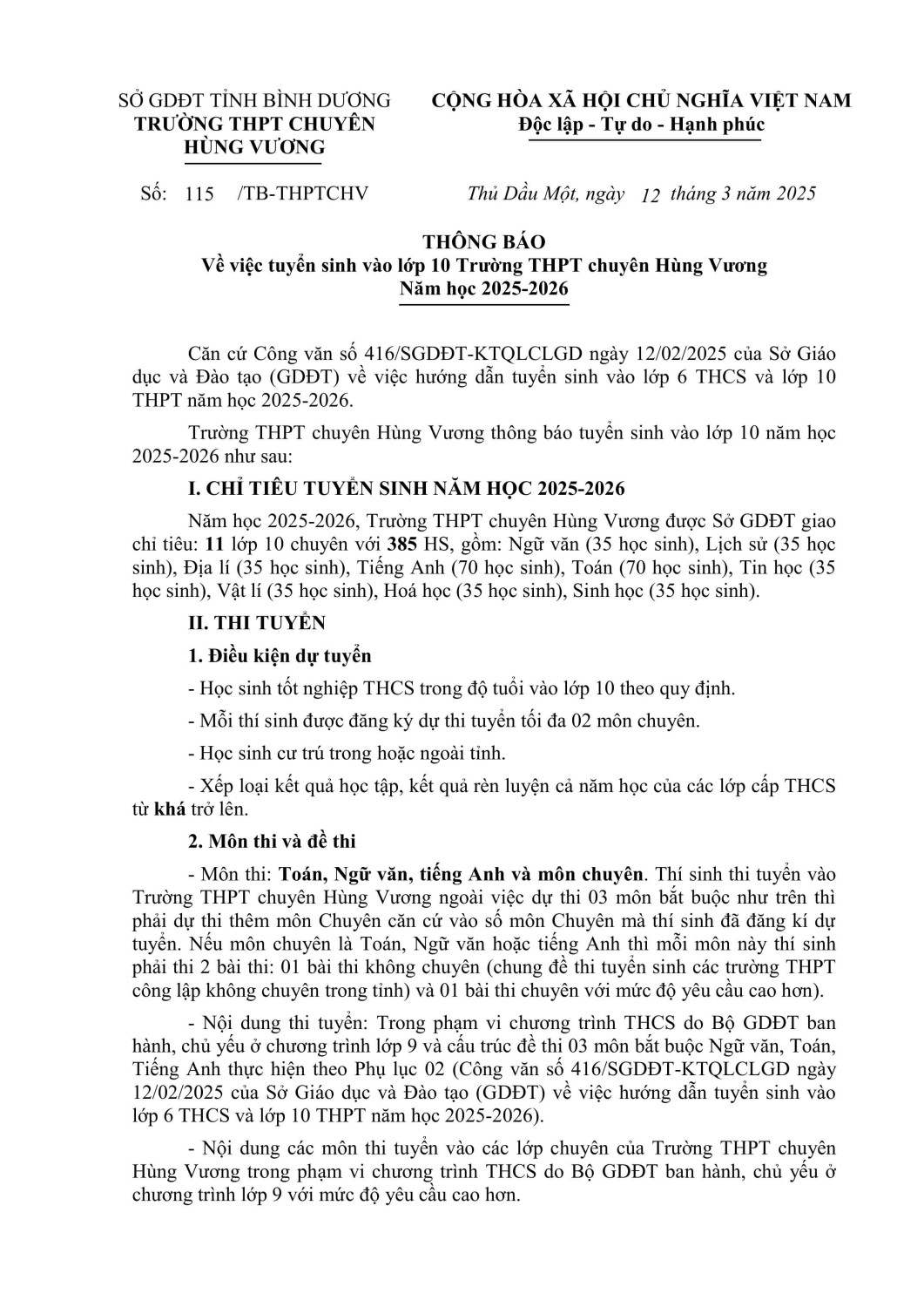 TB115CHV 12 3 25 TB tuyển sinh vào lớp 10 trường chuyên Hùng Vương signed hình ảnh 0 min