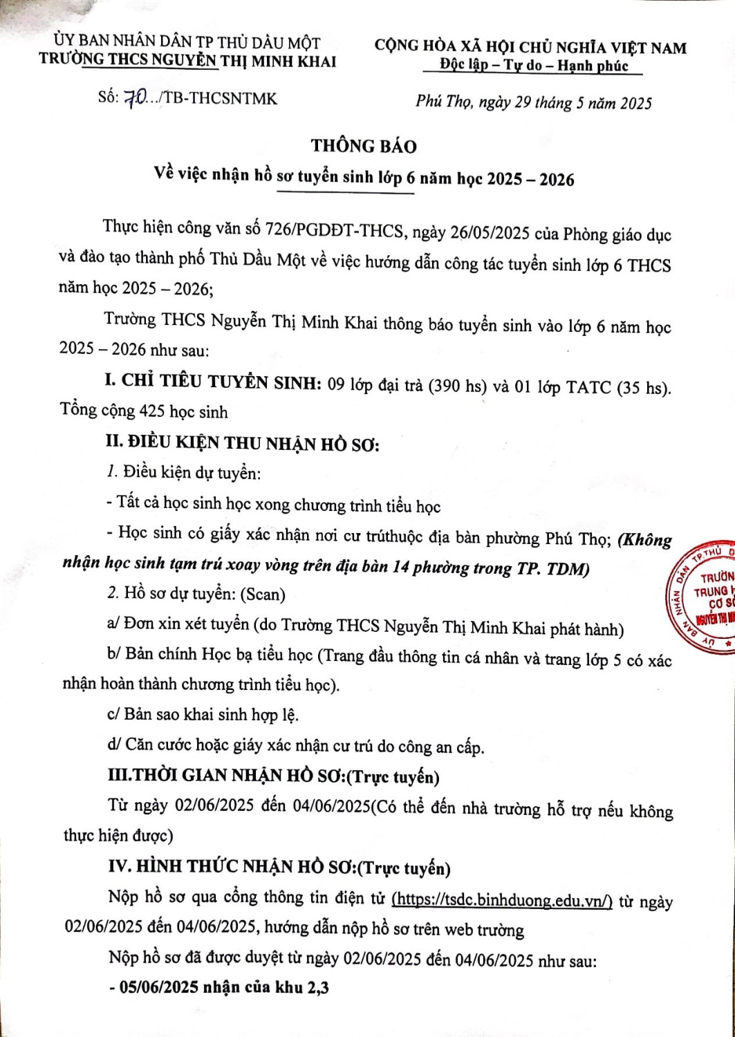 TB TUYEN SINH LOP 6 DT 1 min