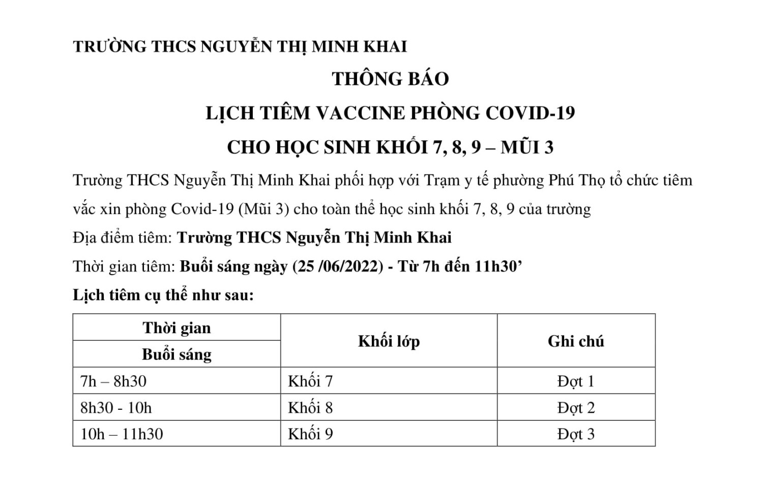thông báo lịch tiêm khối 7,8,9