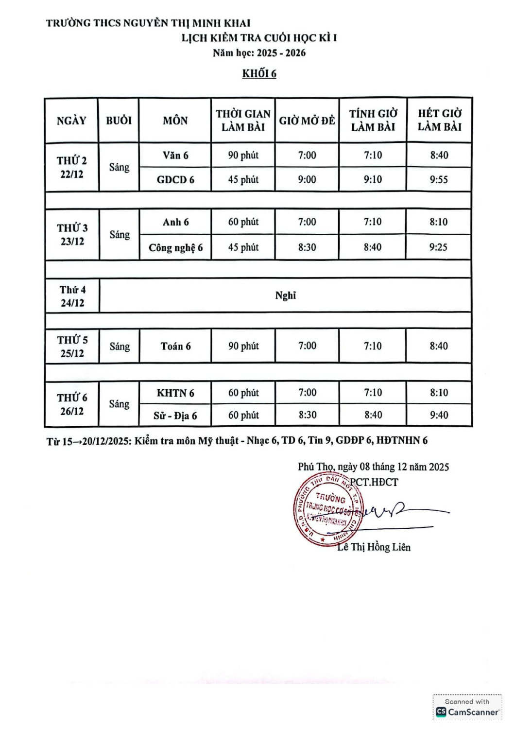 Lịch kiểm tra cuối HKI Khối 6 page 0001 min