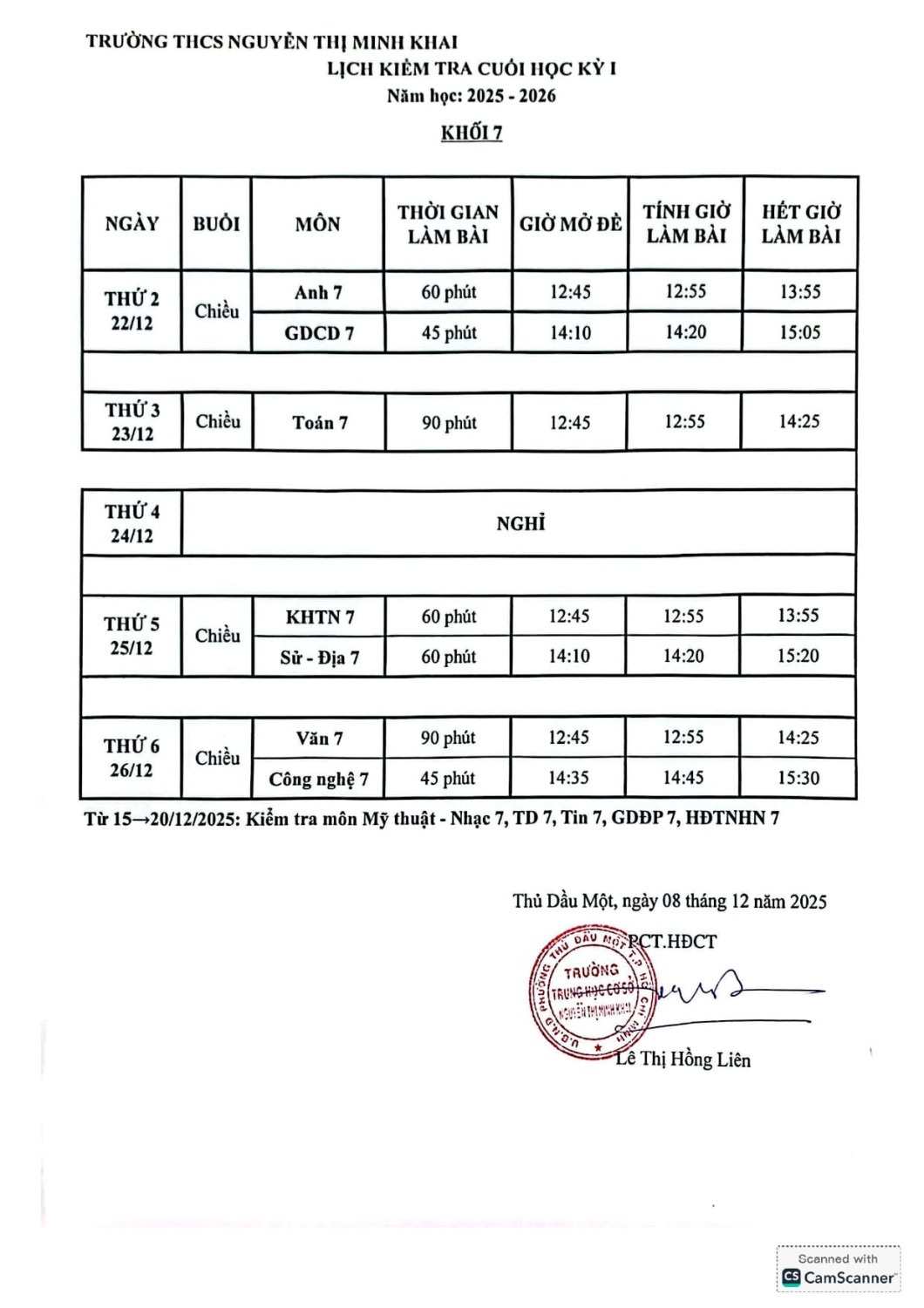 Lịch kiểm tra cuối HKI Khối 7 page 0001 min