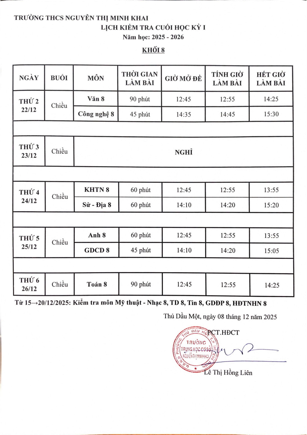 Lịch kiểm tra cuối HKI Khối 8 min